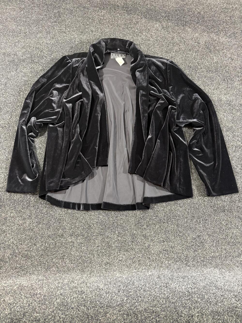 Alex Evenings Jacket Womens L Black Velvet Open Front Shawl Collar Lined Formal